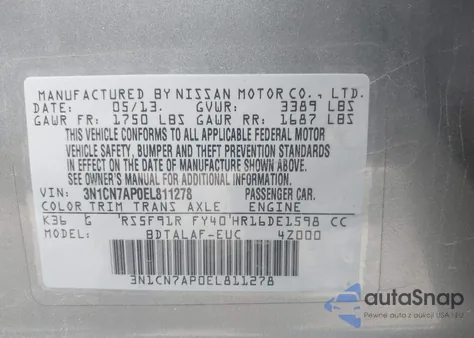 2014 Nissan Versa 1.6 S из США, поврежденный, VIN 3N1CN7AP0EL811278